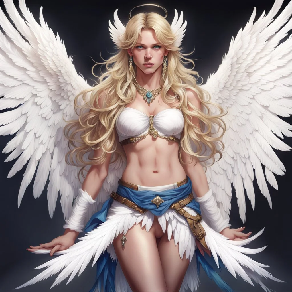 4man, solo, wings, navel, blue eyes, jewelry, long hair, looking at the viewer, earrings, white wings, thigh highs, feathered wings, angel wings, lips, hair ornament, blonde hair, midriff, white thigh highs, angel, cowboy shot, pointy ears, realistic, skirt, standing, masterpiece, top quality, best quality, 8k resolution