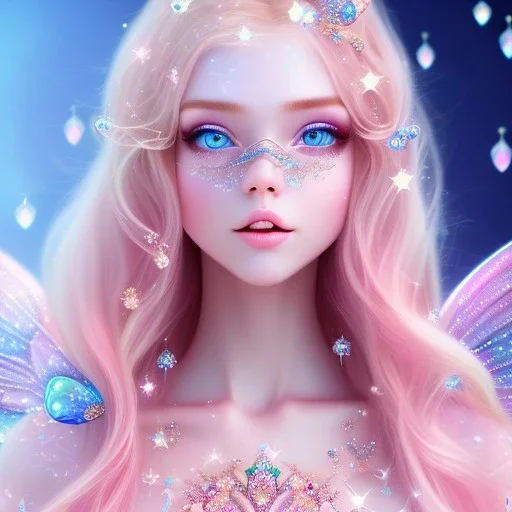  beautiful, soft, whide smile face, long blonde straight hair, blue eyes, fairy wings on the back, transparent crystal blue and pink clothes, background blue and pink, big definition, 8K