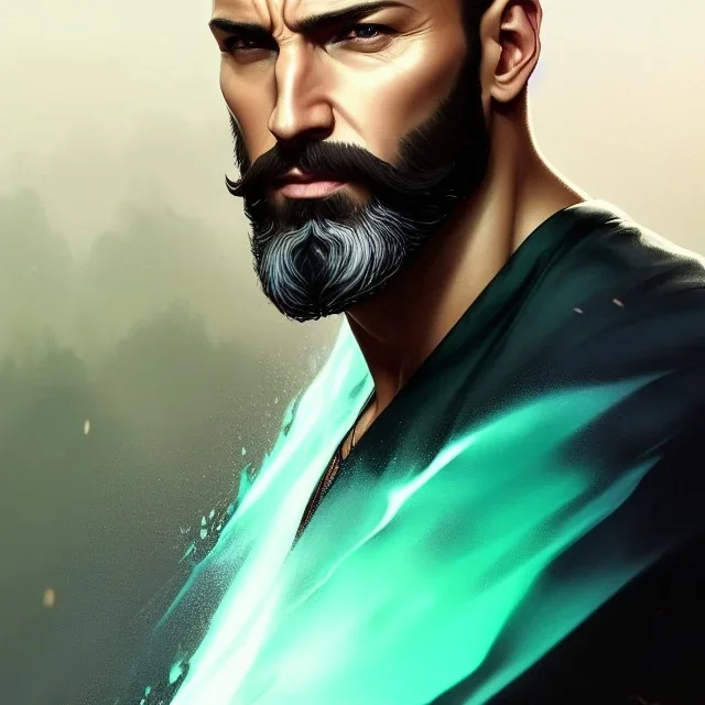 "MIddle aged white human male, with a trimmed but uneven beard, piercing green eyes with slick back hair,complete head and shoulders portrait, 8k resolution concept art portrait by Greg Rutkowski, Artgerm, WLOP, Alphonse Mucha dynamic lighting hyperdetailed intricately detailed Splash art trending on Artstation triadic colors Unreal Engine 5 volumetric lighting Splash art fantasy"