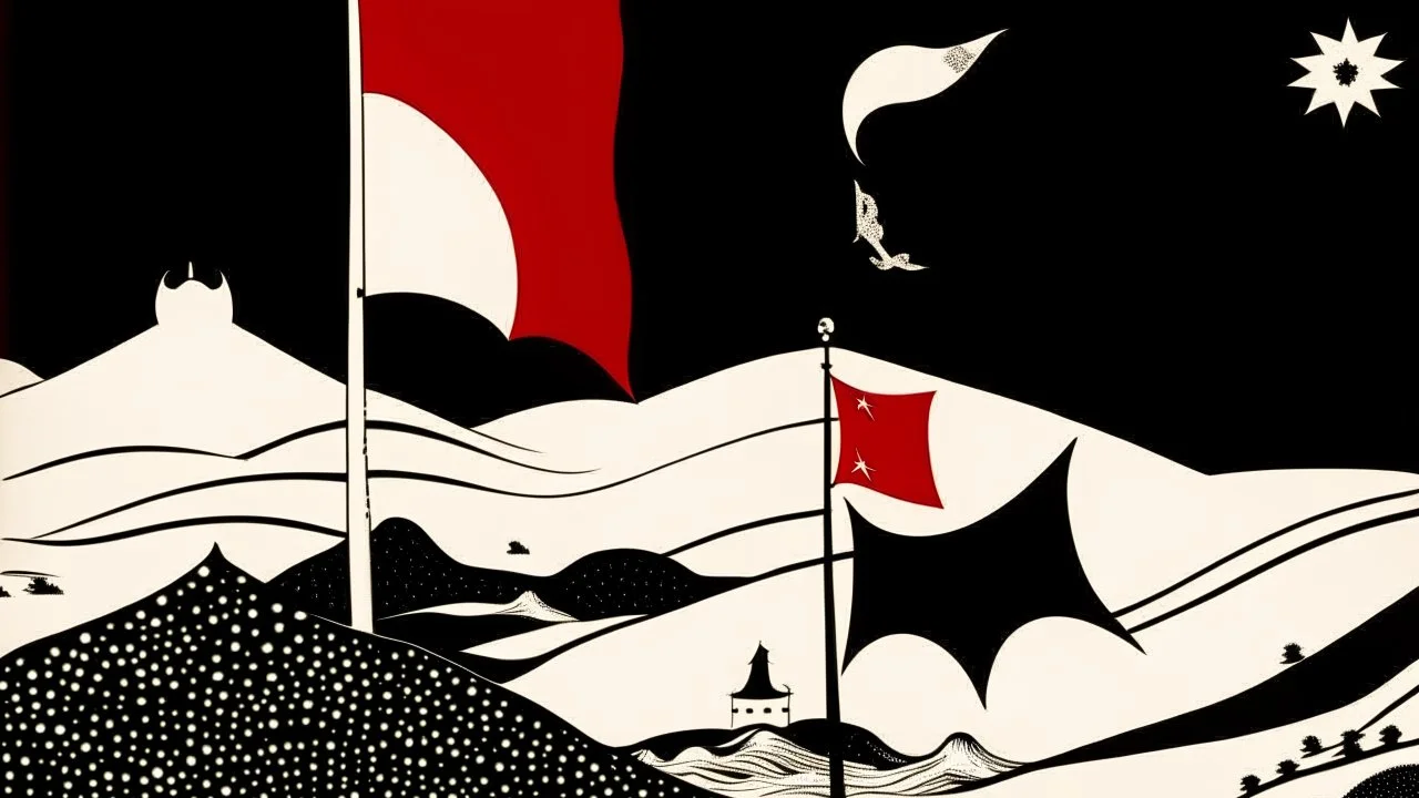 An abstract and contemplative illustration by Malevich and Kuniyoshi of a black and white desert landscape with a red pirate flag.