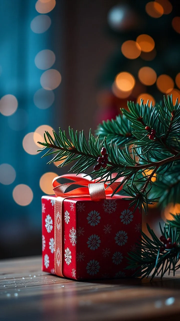 pine branch and Christmas gift box, festive atmosphere. in blur background, warm lights, hig realistic, perfect shot, professional photo