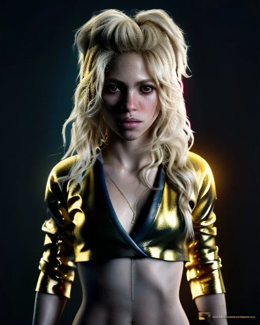 portrait, Shakira, blonde artist, angry, Realistic image, MMA robe, hoodie, mma gloves, loose long hair, fight pose, eyes, make-up, gold line make-up, moisture, sweat, fog, goddess, Neon colors, leds. Black background, photo studio, concept art, smooth, unreal engine 5, god lights, ray tracing, RTX, lumen lighting, ultra detail, volumetric lighting, 3d, finely drawn, high definition, 4k.