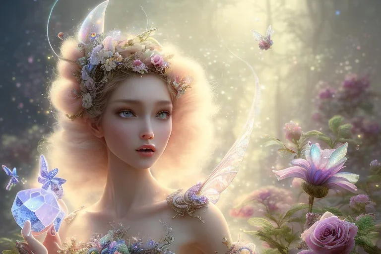 one very little beautiful fairy on a big crystal subtle flower in a galactic ambiance, transparent petals, delicate colors, in the foreground, full of details, smooth, bright sunshine，soft light atmosphere, light effect，vaporwave colorful, concept art, smooth, extremely sharp detail, finely tuned detail, ultra high definition, 8 k, unreal engine 5, ultra sharp focus