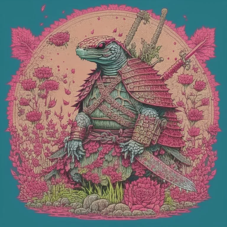 turtle samurai, blood, guts, wildflower, intricate, darkred tones,