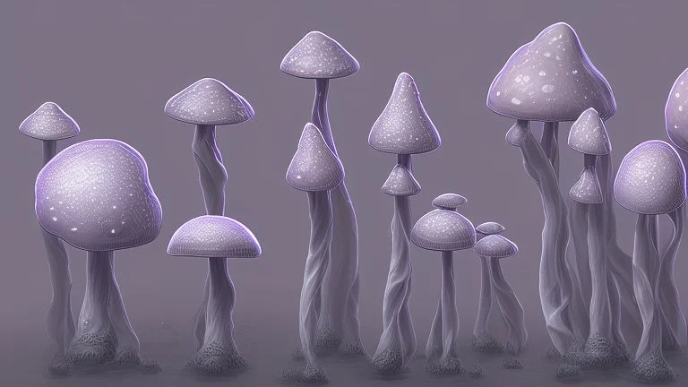 tall narrow delicate detailed mushrooms, with umbrella caps, phosphorescence glowing in the night