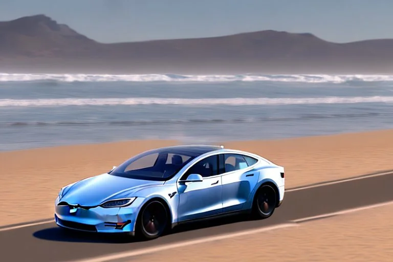 A Tesla 'Model S' is going at a high speed, at the 'Santa Monica State Beach' in California. (CINEMATIC, WIDE ANGLE LENS, PHOTO REAL)