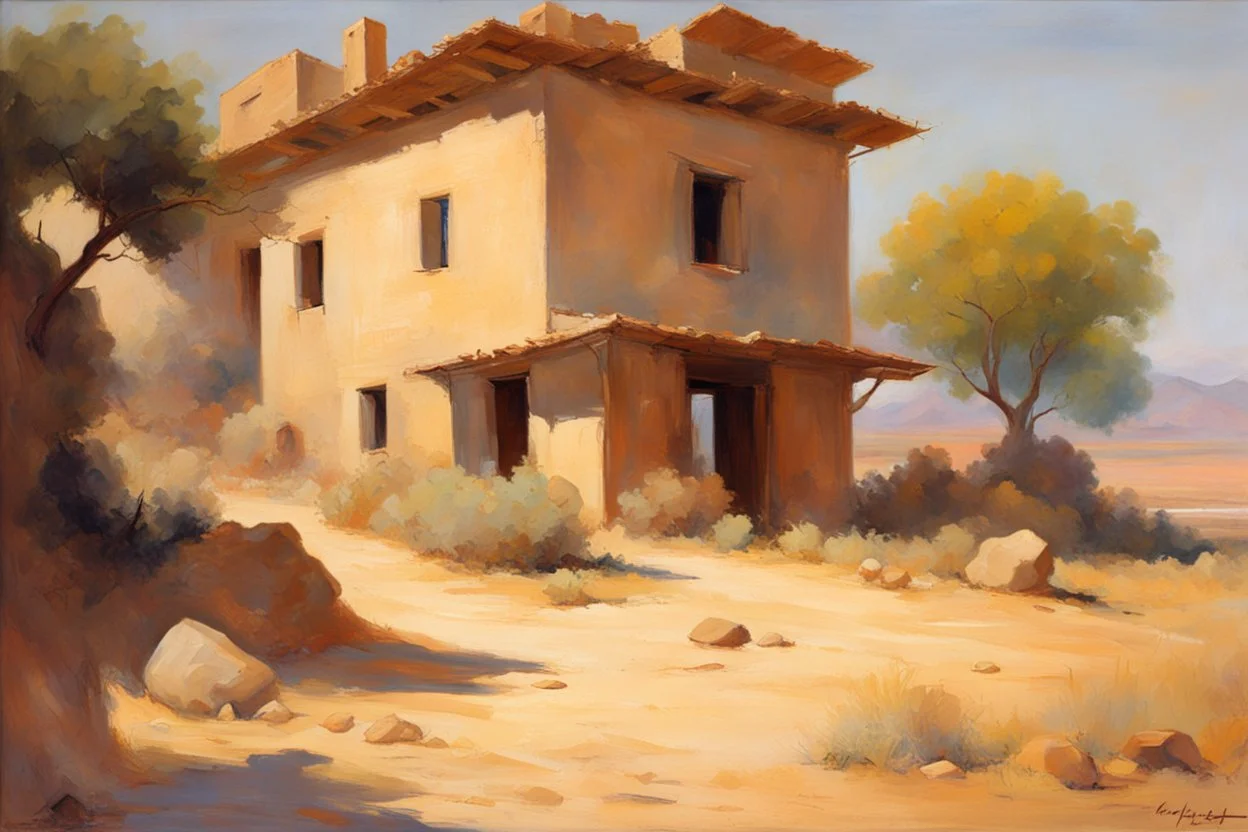 sunny day, rocks, mountains, countryside, dirt road, adobe house, sci-fi, friedrich eckenfelder and henry luyten impressionism paintings