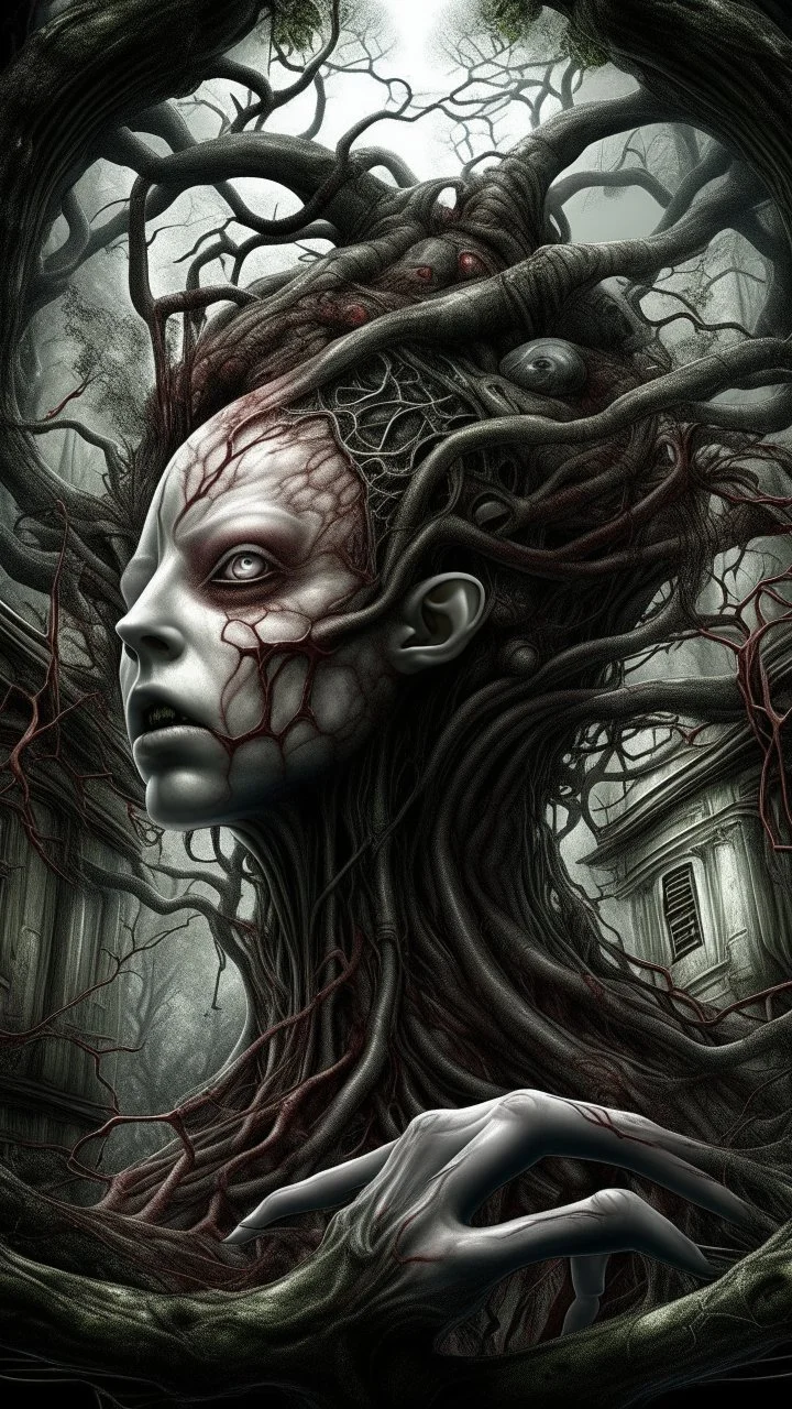 Quintessential Horror Surrealism:A woman Gothic cyber-surreal figure's form undergoes catastrophic dimensional fission through Seedream 3D recursive rendering, fracturing into chaos Legion Doodle simultaneous nightmare realities while simultaneously occupying four perforated reality levels—manifests as a blood-drenched forest where trees weep crimson sap and bioluminescent fungi pulse with recursive Fibonacci patterns, surrounded by carnivorous flowers with fanged mouths dripping neon venom; mat