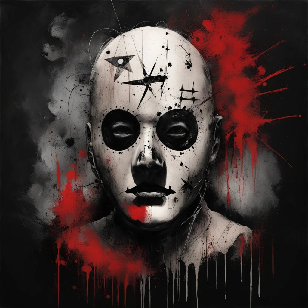 Creepy Zodiac killer mask, surreal, hyperreal horror art, by Dave McKean, by Stephen Gammell, arcane cipher symbols on mask are big bold and seem to take a life of their own, bright colors, black backdrop, smooth perfect art, crimson splatter, by Russ Mills