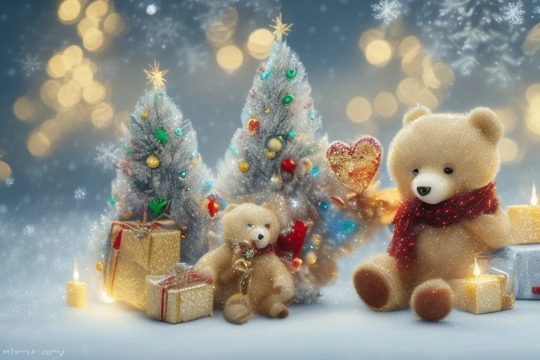 cute teddy bears holding hearts covered in sparkling gold glitter, beautiful winter composition, snowflakes, pine branches, Christmas ornaments and glowing Christmas lights