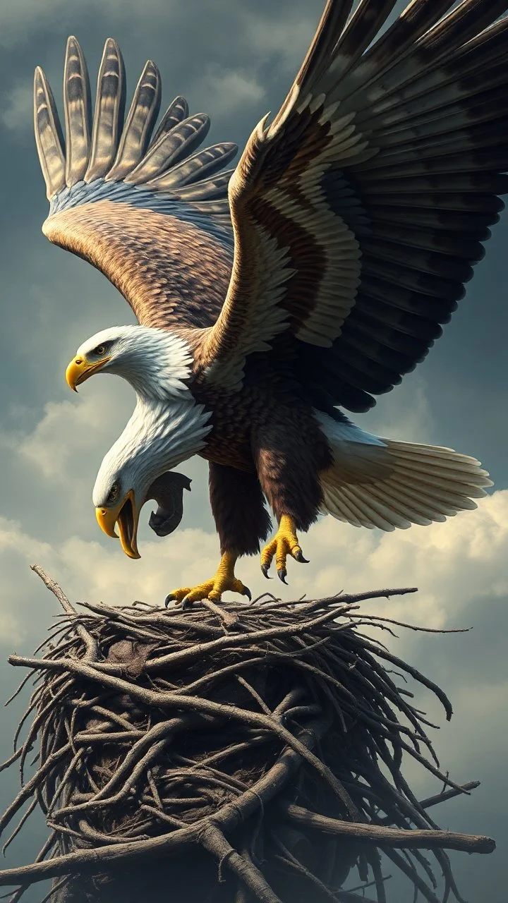 A huge eagle carrying a man and bring him to his nest