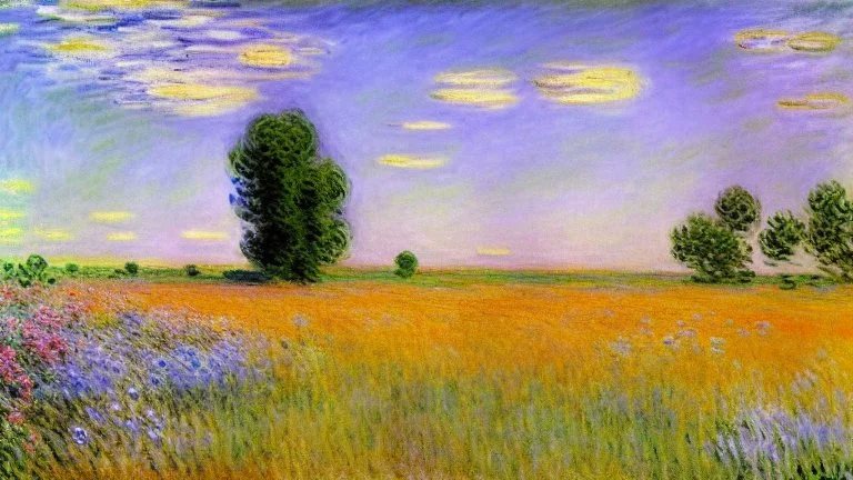 Sunny day, prairie, tree, flowers, claude monet painting