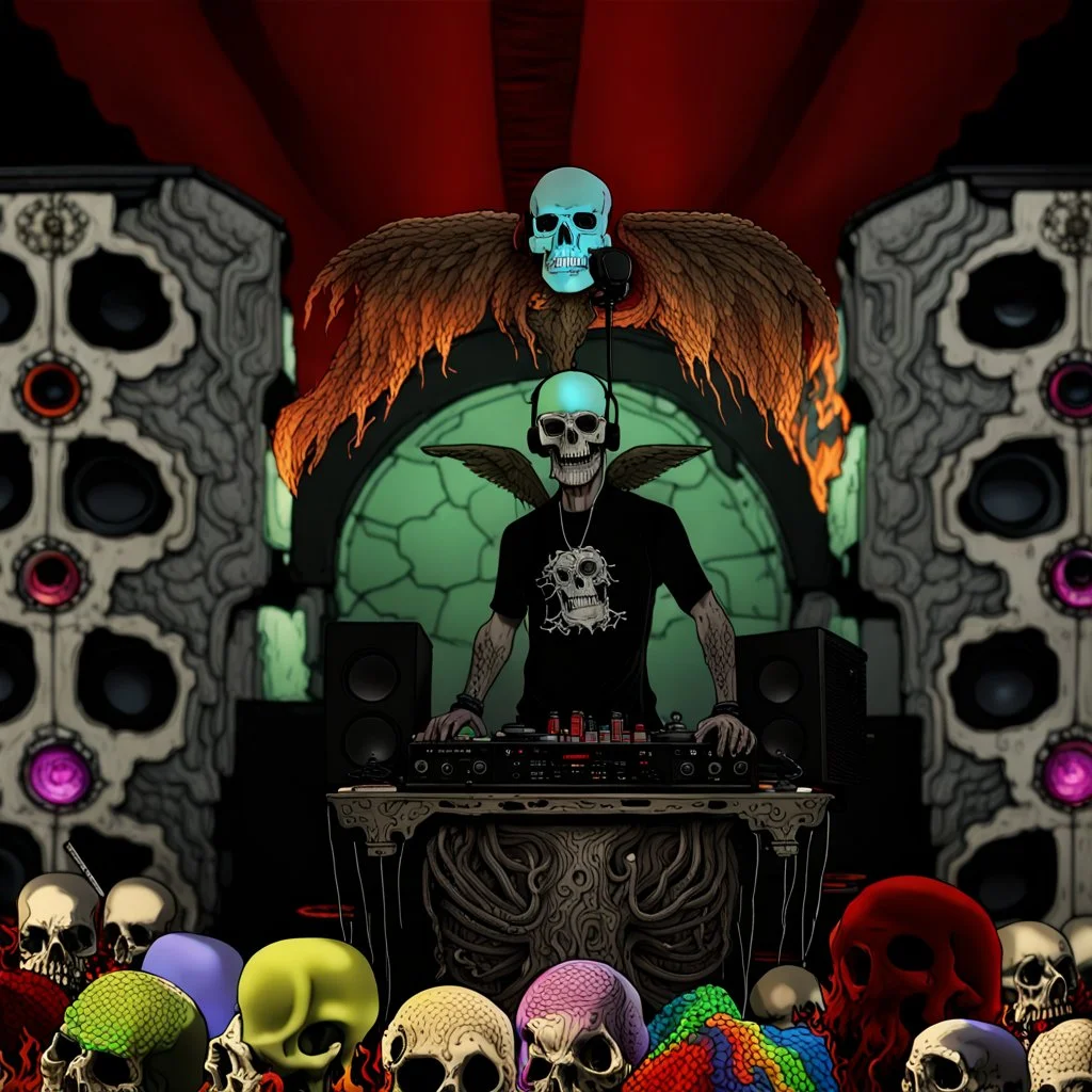 DJ of the damnded, insanely detailed DJ booth in hell, MID set, speakers and equipment made of bone, anatomically correct,