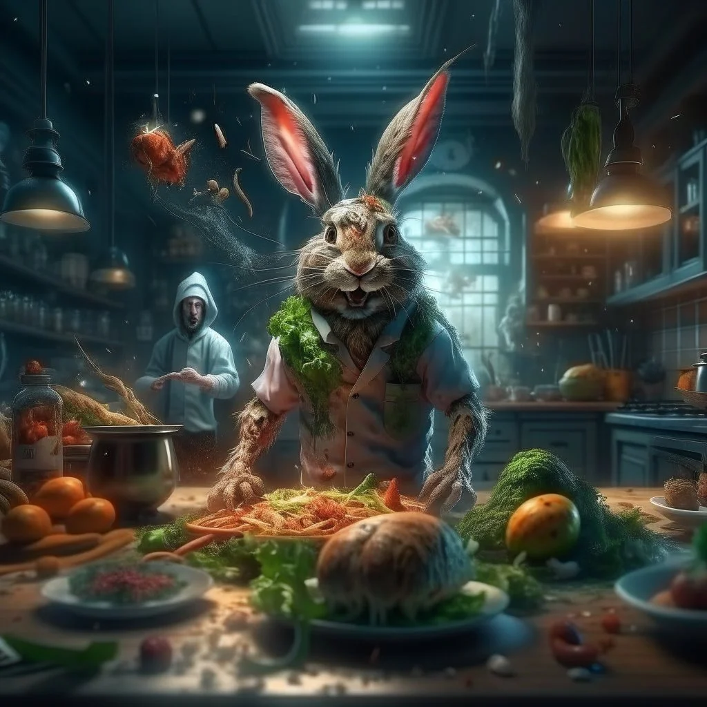 portrait of chopped crazy scientist and army officer irradiating food inside grove with huge fluffy levitating yoga hare with nightmare mutations, 4 k, down-light, soft light, depth of field, photo realism, trending on art station, high detail, spray paint