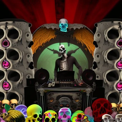 DJ of the damnded, insanely detailed DJ booth in hell, MID set, speakers and equipment made of bone, anatomically correct,