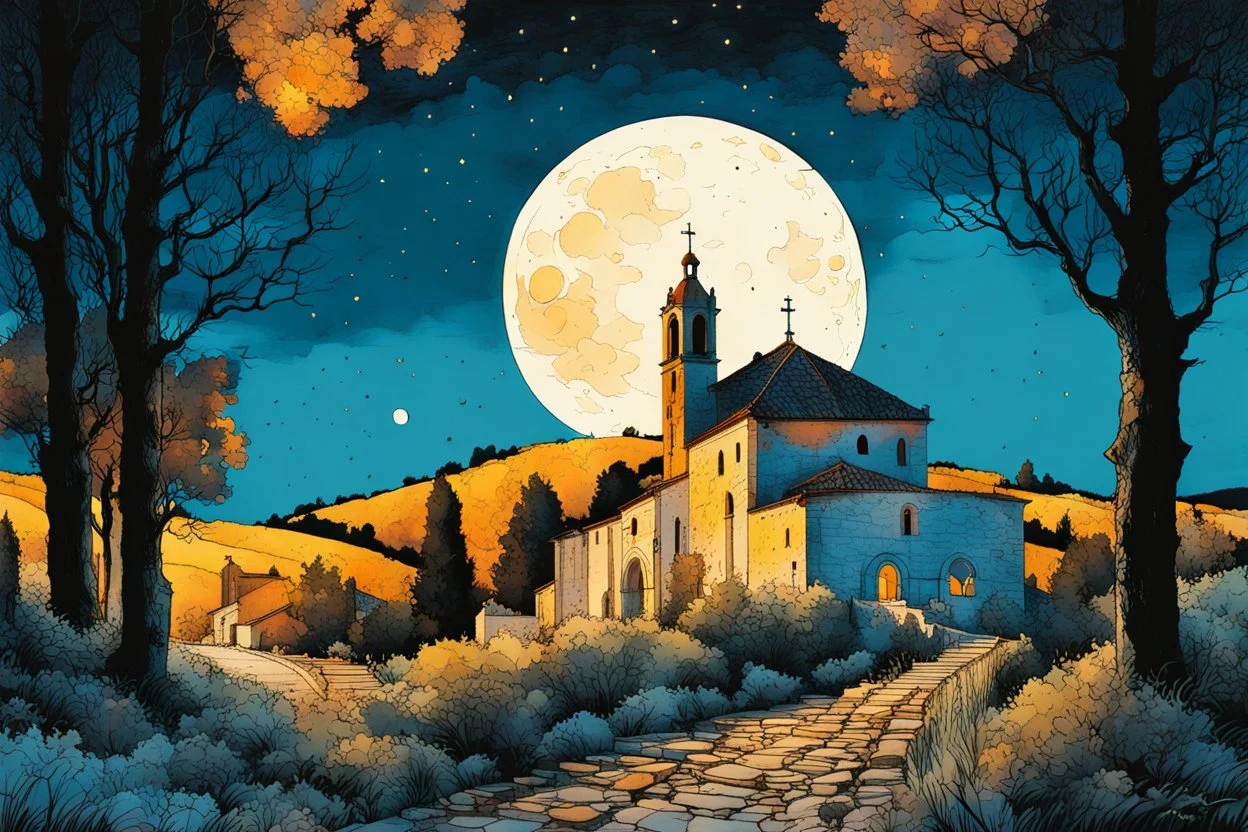 create a fine art print illustration of an old Italian village church, with highly detailed rough stonework, surrounded by ancient Lombardy poplar trees, in the hills of Tuscany under a harvest moon at midnight , in the comic book art style of Bill Sienkiewicz, and Jean Giraud Moebius, finely textured, drawn, colored, and inked