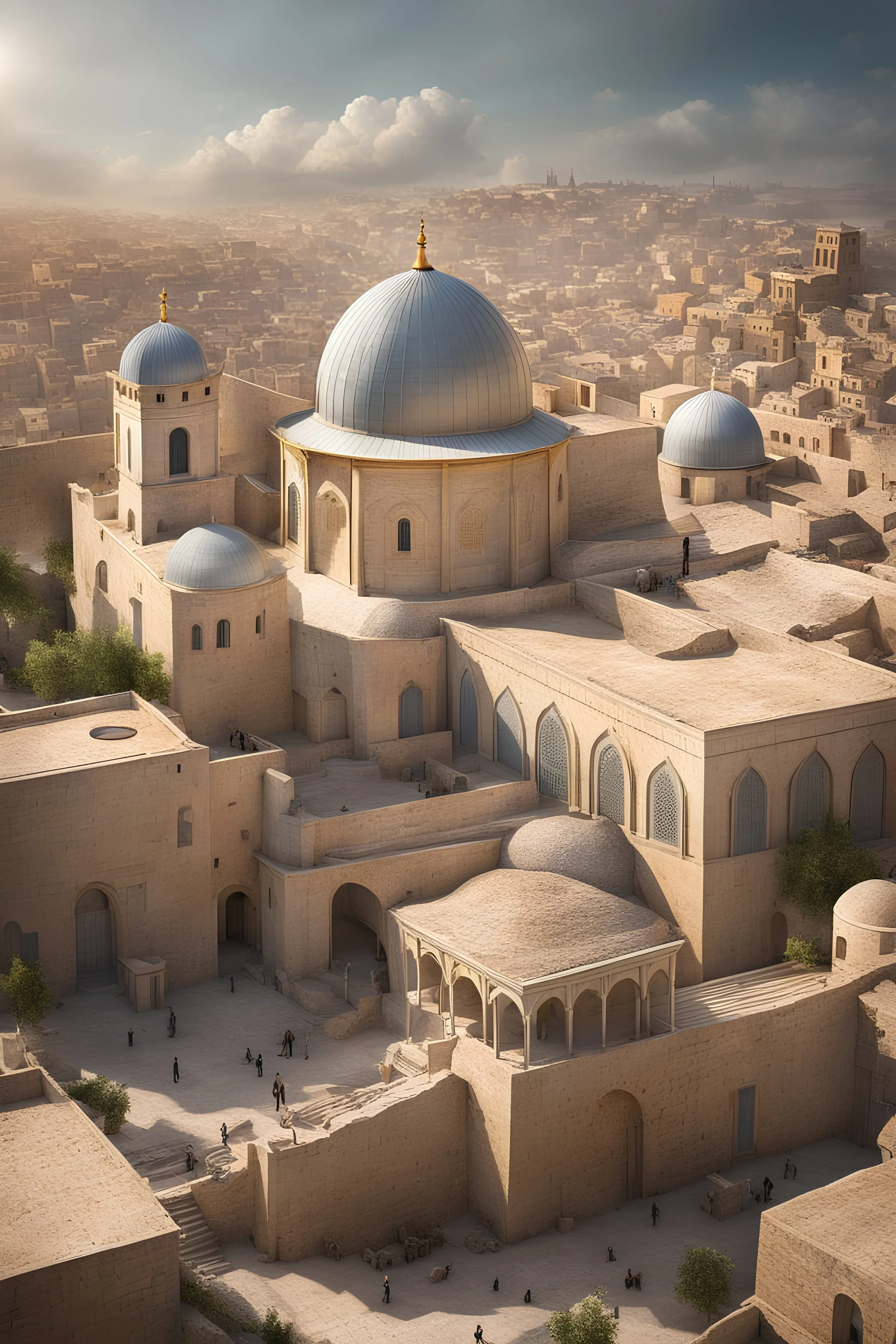 A picture og a city like ancient Jerusalem in a fantasy setting seen from above, hyper realistic and hyper detailed, stunning composition, hyper emotional, epic cinematic lighting,