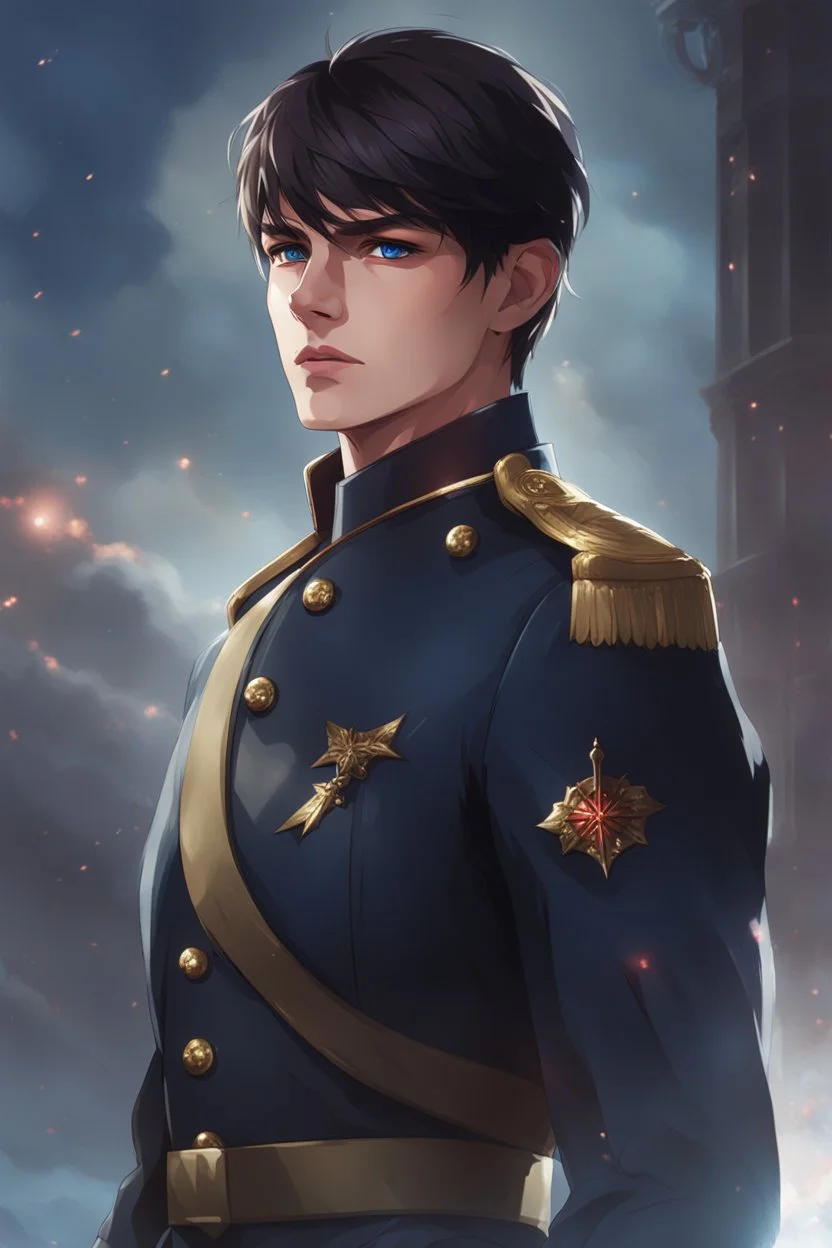 27 year old male with short dark hair and blue eyes, military captain, modern fantasy