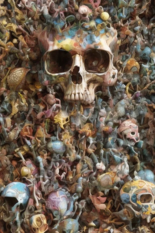 a picture of a dark, comedic, anatomically correct wall of colorful tightly packed skulls of varying sizes and expressions, photo realistic, insanely meticulous, highly detailed, part of a collection of bones on display, 64k, dystopian, vray