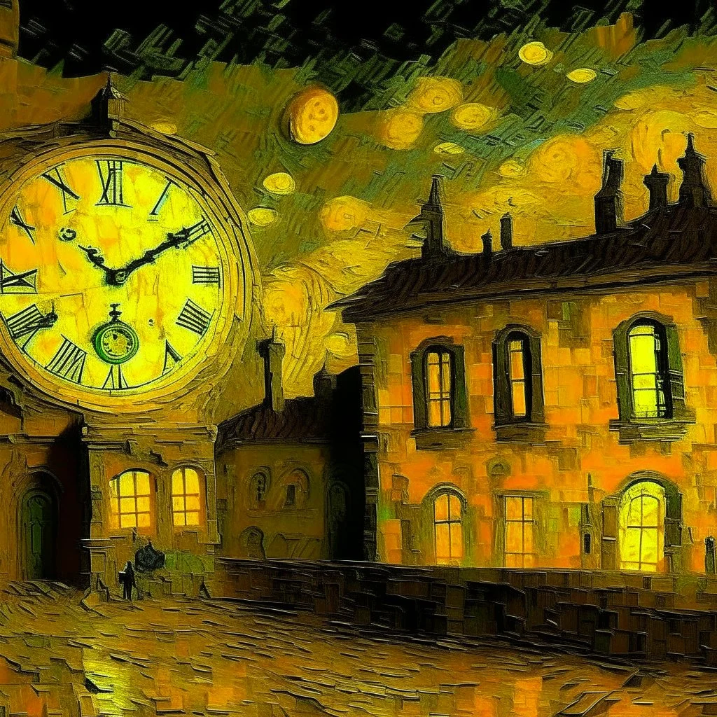 A yellow glowing ruins with clocks in a thunderstorm painted by Vincent van Gogh