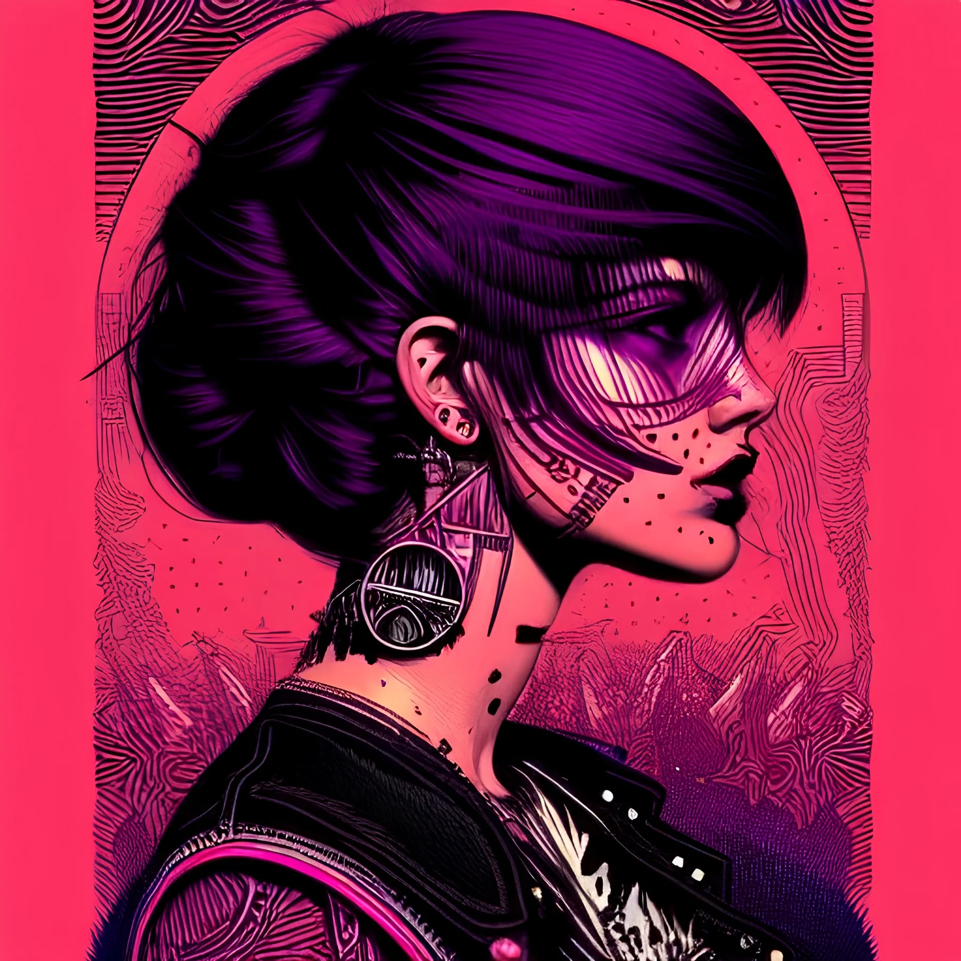 beautiful punk girl, hyper detailed, hyperdetailed, intricately detailed, illustration by <kilian eng>, purple tones, darkred tones,