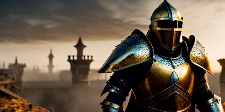 apocalypse, chaotic, magnificent, realistic, colorful, massive, epic, ray tracing, cinematic, 8k, HD, Ultra High Definition, photo film, film grain, hyper-detailed, 2 old tarnished ornate rusty Hyper detailed Gold Medieval Knight helmet with glass visor and matching suit of armor,