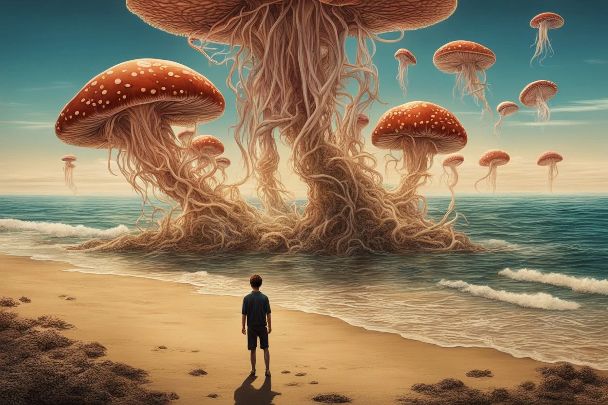 Standing on a beach of an alien world, watching mushrooms with jellyfish tentacles in the sky, photorealistic, Deep Colour, Fantastical, Intricate Detail, sunshine