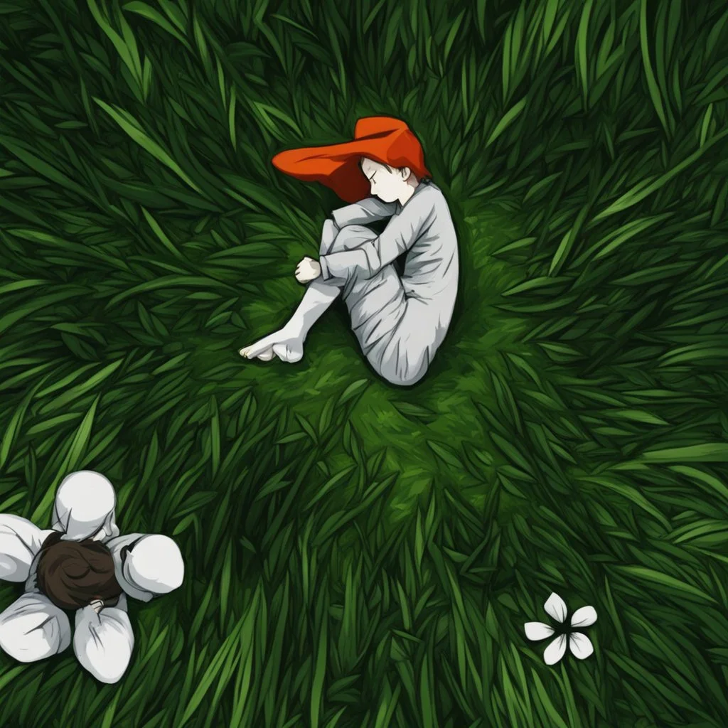 A lonely man is hugging his knees and sleeping in the meadow, cartoon style- anime