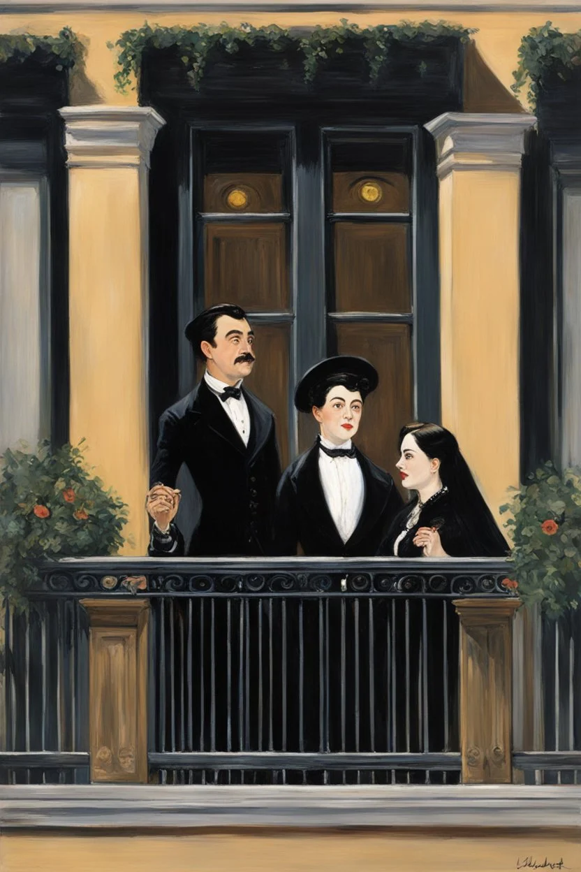 a photo realistic version of The Balcony (Le Balcon)Painting by Édouard Manet, whose main characters are the Addams Family: Gomez and Morticia Addams, Wednesday and Pugsley