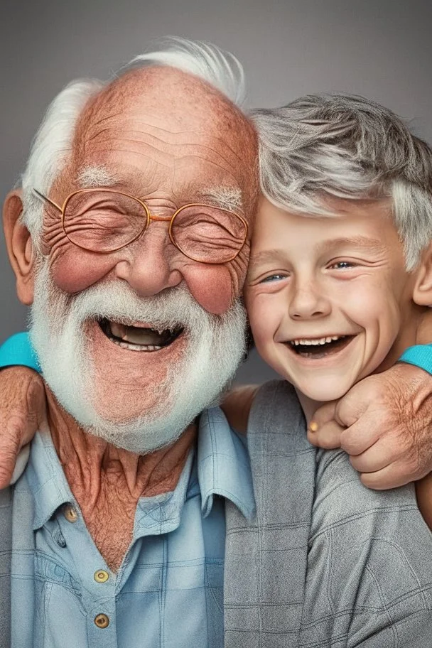 happy old man with son 9 years old boy