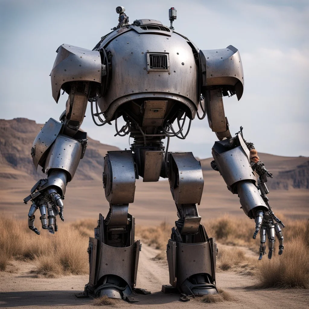 trash mech suit, human-sized, made of scrap metal, small, round dome head,