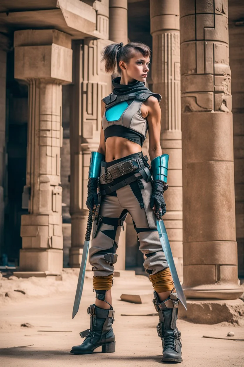 teen woman in retro-futurist cyberpunk costuming with pants leaning to the side with shoulder against a stone pillar of a Egyptian + cyberpunk post apocalyptic building, 2 swords in scabbards at hip