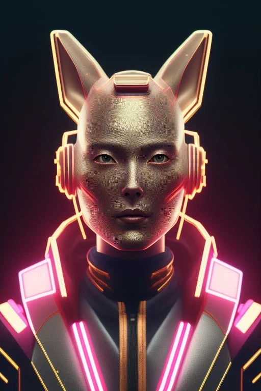 MCU Portrait, Front image. cyberpunk Asian woman, pink short hair. Ceramic rabbit mask. latex suit. Red, black, gold, color. Punk style, minimal details. highly detailed, concept art, smooth, unreal engine 5, god rays, ray tracing, RTX, lumen lighting, ultra detail, volumetric lighting, 3d, finely drawn, high definition, high resolution.