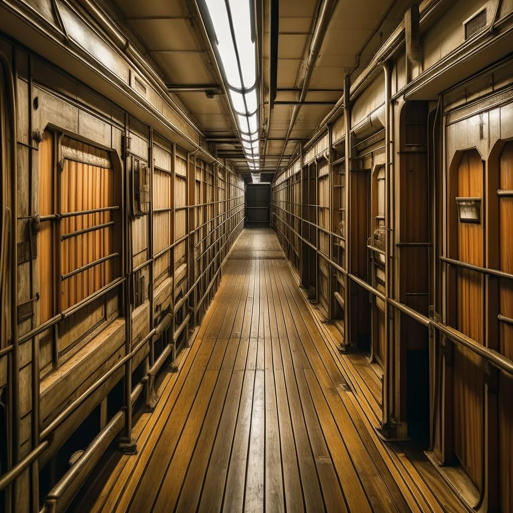 long corridor below decks on a gloomy cargo ship