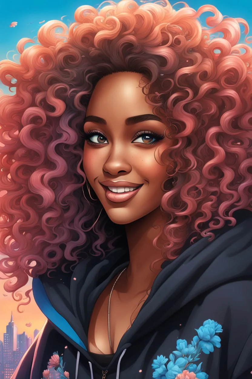 vibrant psychedelic urban culture image, airbrush, 48k, cartoon art image of a black curvy female looking to the side smiling with a large mane of curly ombre hair flowing through the wind while she has a black hoodie on, prominent makeup with hazel eyes, highly detailed hair, background peach and light blue flowers surrounding her, dystopian