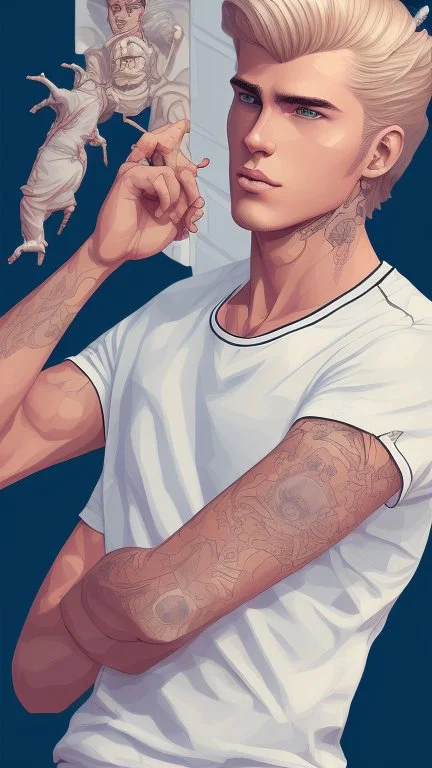 Teen man, blond hair, perfect face, style of tomer hanuka, jeans, white, t-shirt, pompadour