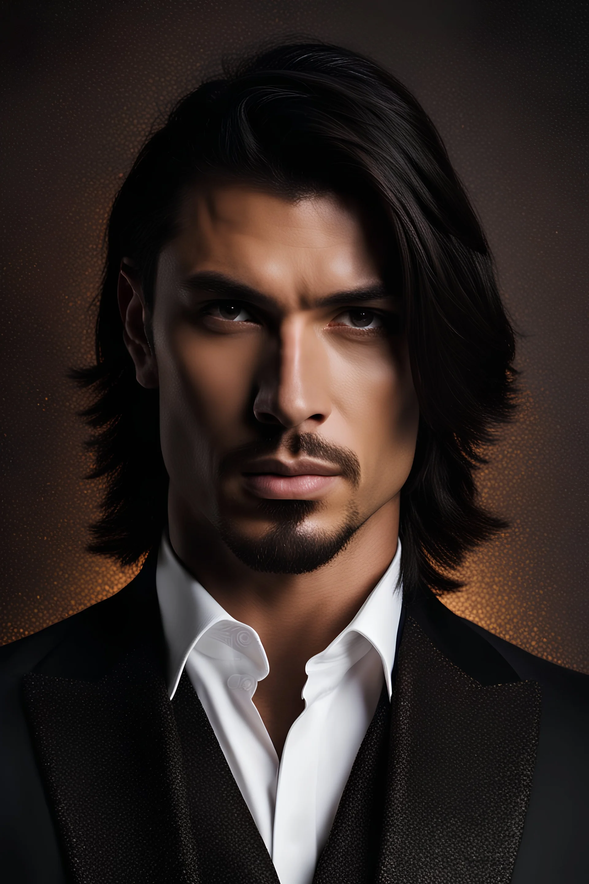 Portrait of an Olive skinned muscular very handsome male with dark hair and a goatee beard, wearing a dark suit