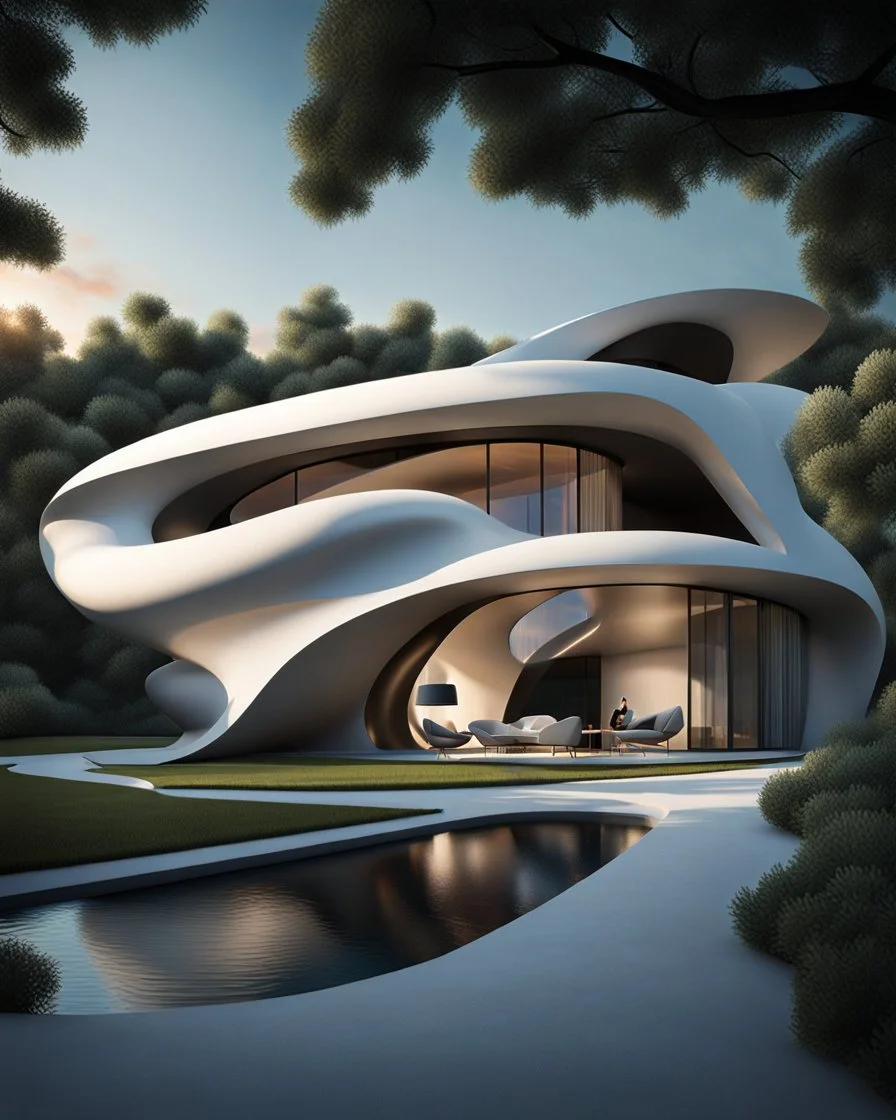 Casa campestre estilo Zaha Hadid, Pintura al óleo, calidad ultra, hiperdetallado, obra de arte, 8k, 3d, cuerpo completo