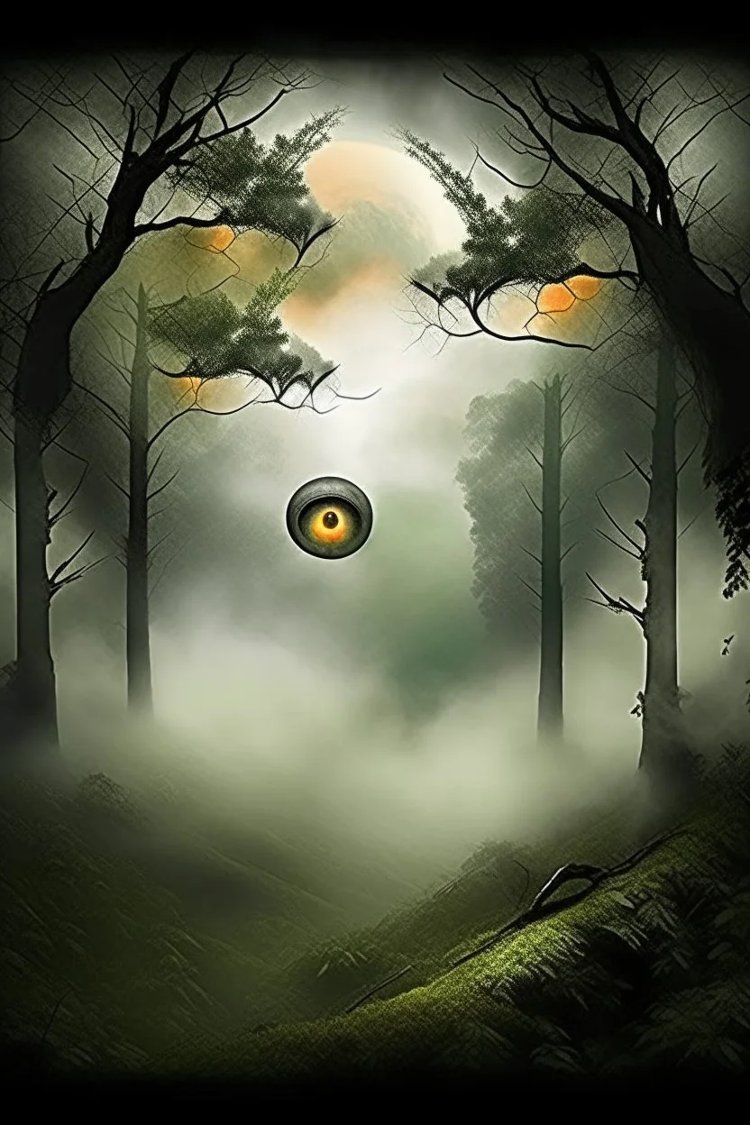 forest fog, superbig full moon, Bosch painting style , face evil angry , planet Earth , circles eyes,