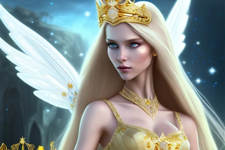 beautiful, very soft, smiling, very straight and long blonde hair, dewy and shiny vibe, diamond crown, long fairy wings in the back, full head, golden veil clothes