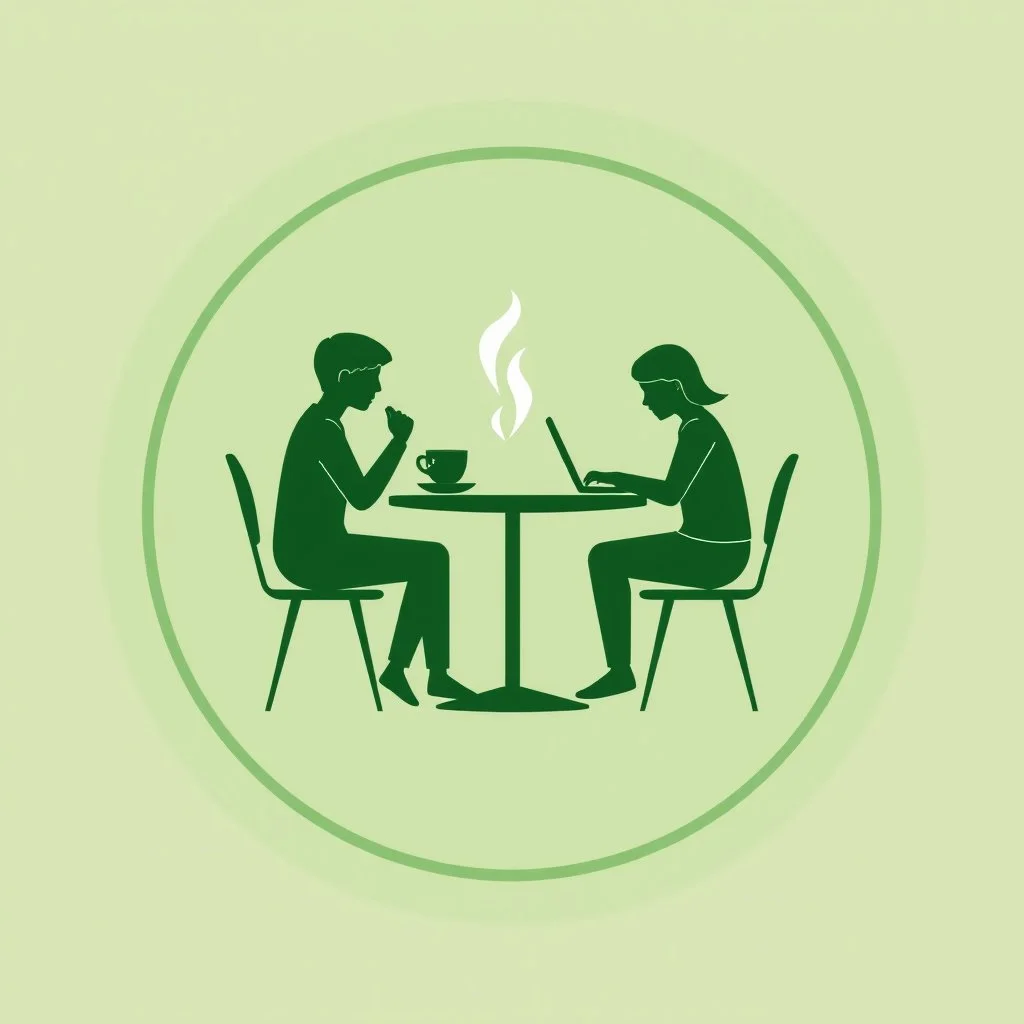 A circular logo in a distinctive green color with two people sitting around a two-person table in the center, one drinking coffee and the other working on their laptop.