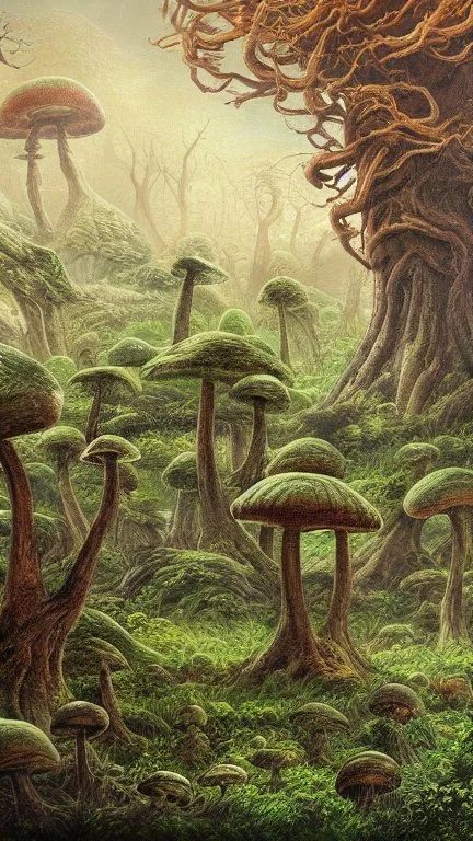 alien landscape with trees and mushrooms