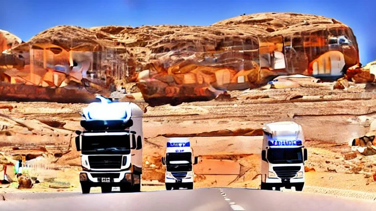 A police Tesla Cybertruck is chasing a Tesla 'Model S Plaid' at top speed, at Petra, in Jordan. CINEMATIC. WIDE ANGLE LENS.