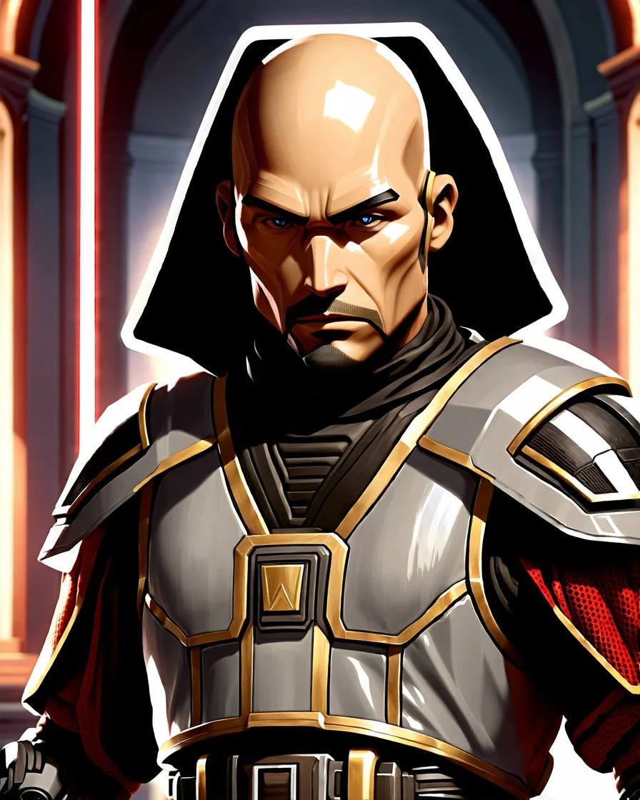 star wars bald male corellian jedi wearing gunmetal grey and black old republic armored flightsuit with gold and metallic red trim inside the jedi temple, centered head and shoulders portrait, hyperdetailed, dynamic lighting, hyperdetailed background, 8k resolution, volumetric lighting, light skin, fully symmetric details