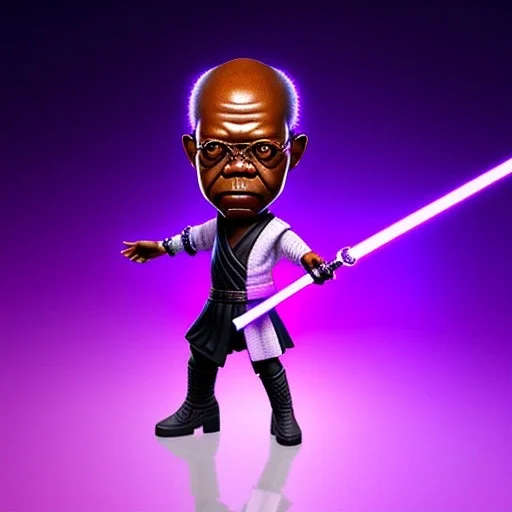 Hairless Samuel jackson purpleGlow jedi bobblehead gripping a Single (purple) sword and boots