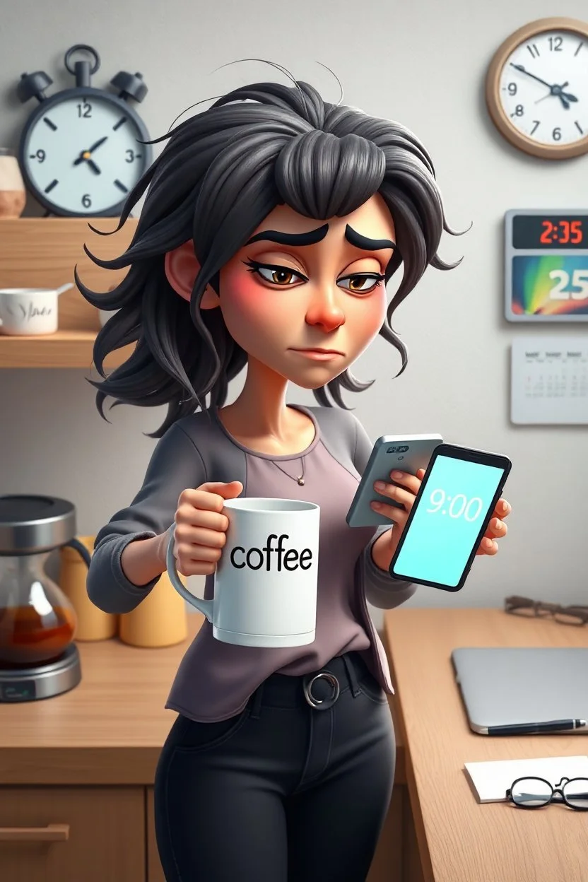 3d disney cartoon style, a tangled-haired, sleepy, cranky, nervous woman is standing with an hourglass mug in her hand, the mug says "coffee", she shows the camera the display of her mobile phone, which shows 9:00, behind her is coffee flowing from the coffee maker onto the kitchen counter, a coffee mug a half sock, pen, glasses, laptop on the counter, one 2025 calendar on the wall, the wall clock shows 8 o'clock, the micro digital clock shows 8:30, little morning light, funny and surreal