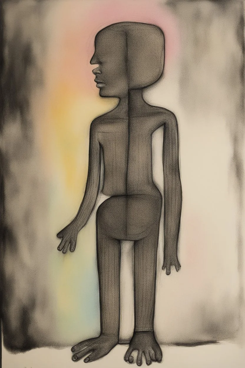 The uncontracted consciousness of someone without a subject/object boundary; Primitive Art; Ink Wash; Black With Iridescent Pastels