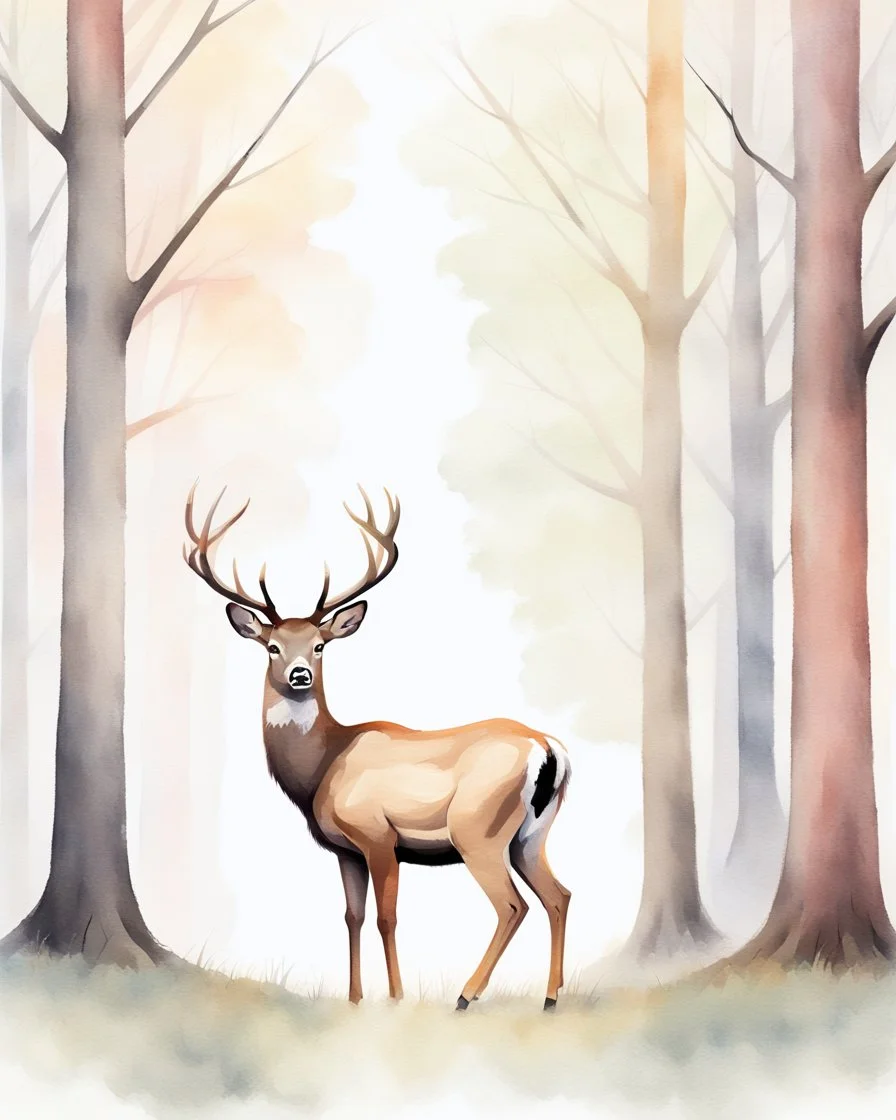 deer with antlers standing sideways, looking at viewer, realistic water color painted, among light colored tall simplified tree trunks, foggy, Easter Spring pastel colors, colorful, dark background