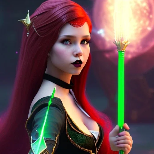 Attractive teenage girl with red hair who is dressed like a witch casting a spell with a staff, magic is in the background, green eyes, background is realistic space, goth girl dress, full body portrait, arm colors gradient effect into stars, rendered, unity 3d, unreal engine, dslr, hdr, 4k, edited, photorealistic, normal number of appendages, freckles, artists rendering