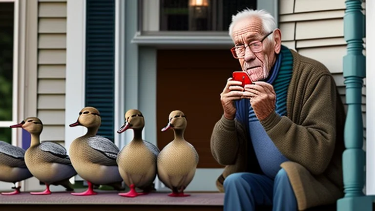 confused older man using cellphone on his porch while many ducks peck at him